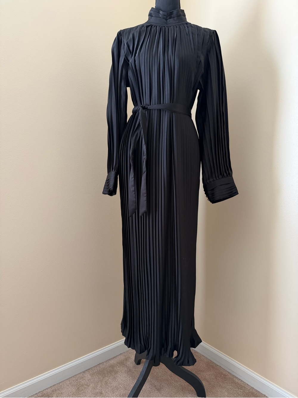 Beulah Black Pleated High-Neck Maxi with Self-Tie Belt